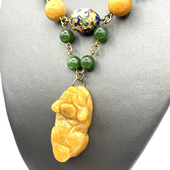 Yellow Jade & Green Nephrite Jade Cloisonne Beaded Carved Foo Dog Necklace 18" - Picture 5 of 12